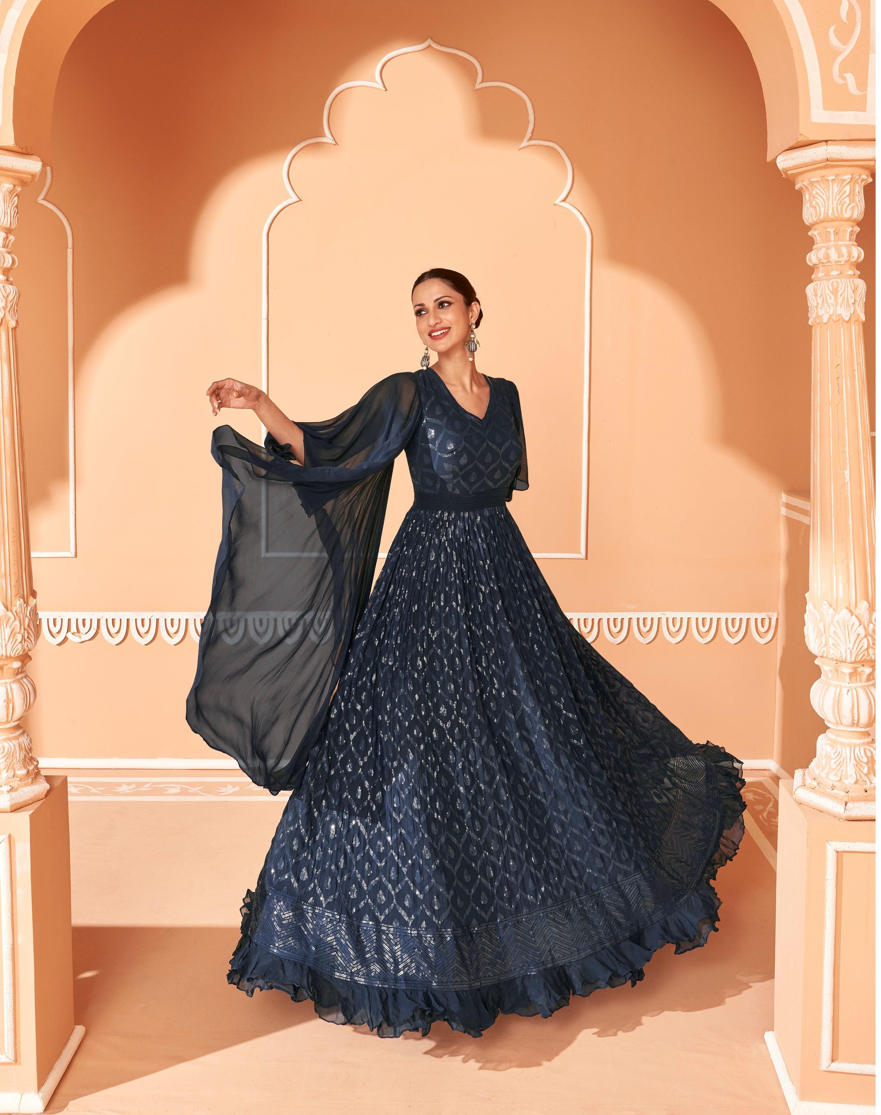 Elegant Look Navy Blue and Raw Silk indowestern Gown TK500639